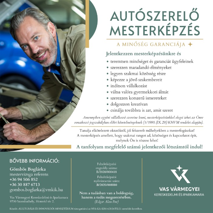 Autószerelő mesterképzésre várjuk a jelentkezéseket!